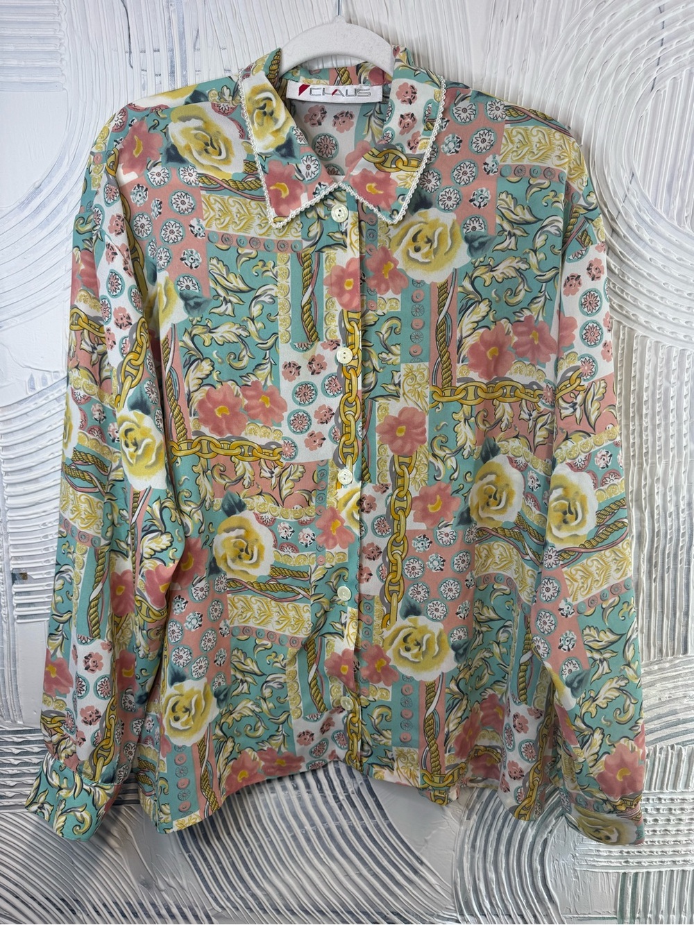 Vintage Chaus Blouse Women’s 16 Floral Chain Print Pearl Collar Button Up N0865
